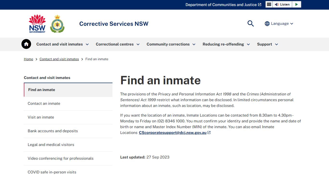 Find an inmate - Corrective Services NSW Home
