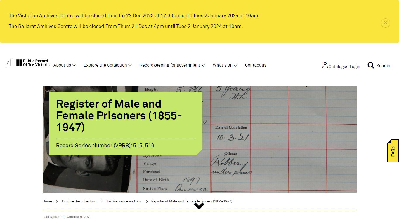 Register of Male and Female Prisoners (1855-1947) | PROV